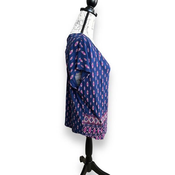 New Lucky Brand Ikat Blue Short Sleeve Twist Knot Back Keyhole Shirt Small - Picture 4 of 7